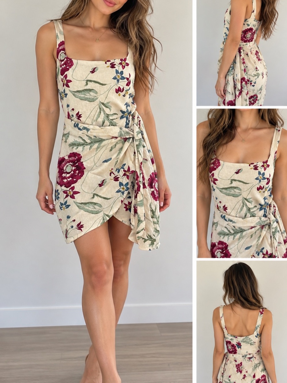 Express Floral Wrap Mini Dress - Cream, Burgundy & Green